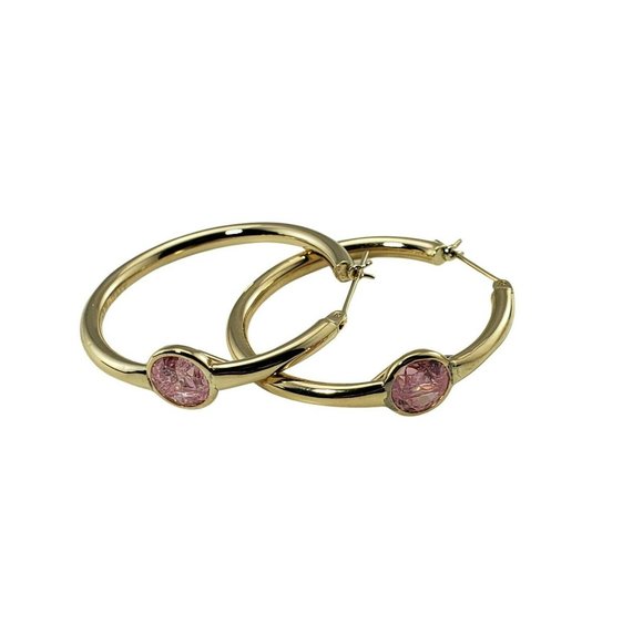 Vintage 14 Karat Yellow Gold and Pink CZ Hoop Earrings #11110 - Picture 1 of 9